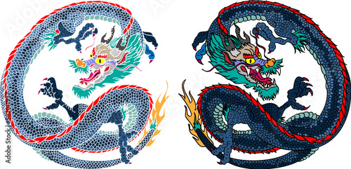Traditional Japanese dragon with cherry blossom and wave for tattoo design.Hand drawn Chinese dragon for printing on shirt.Beautiful line art of dragon vector for painting on white isolated background