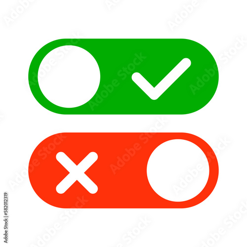 Power on slider switch with check mark and power off slider switch with cross mark icon set. Vector.