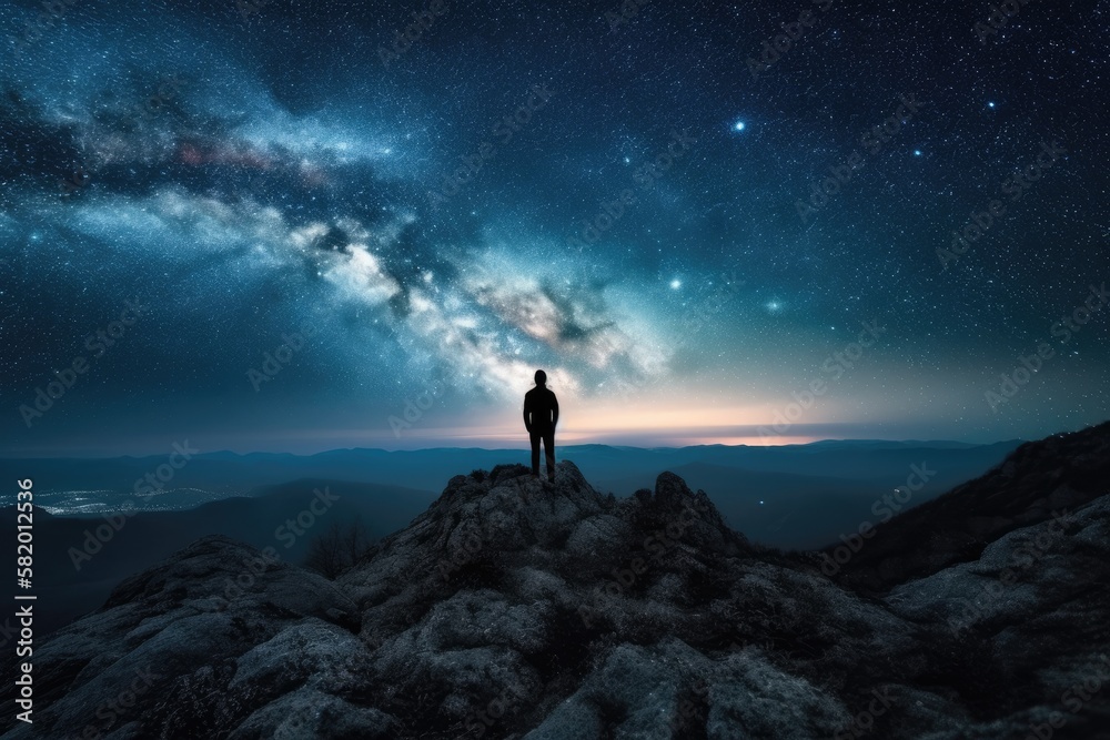 A man is on a mountaintop looking out at the stars and the universe. Generative AI