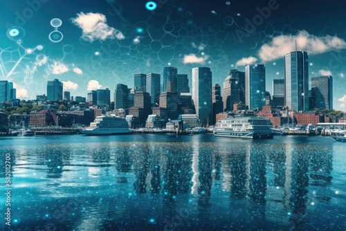 Daytime panorama of Boston Harbor in Massachusetts. Downtown financial. Conceptual hologram of artificial intelligence robots  neural networks  machine learning  and business. Generative AI