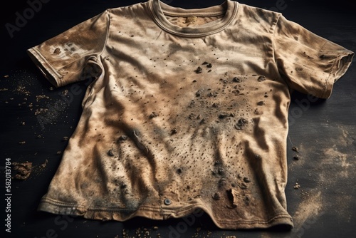 a worn out, torn, soiled T shirt with brown stains. unclean, white cotton with many of holes. Rusted, torn clothing on a dark background. ripped, crumpled rag. the space bar. Generative AI photo