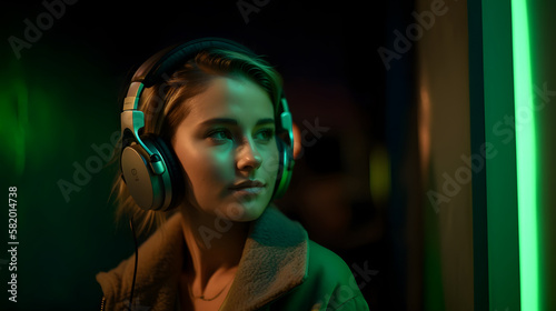 beautiful woman listening to music with headphones, on a green background