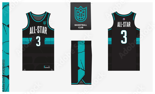 Basketball uniform mockup template design for basketball club. Basketball jersey, basketball shorts in front and back view. Basketball logo design. 