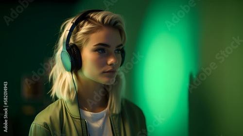 beautiful woman listening to music with headphones, on a green background