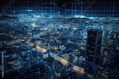 A business data analytical interface flying over a smart city demonstrates how business intelligence will change in the future. Big data analysis for strategic planning is done with the aid of compute