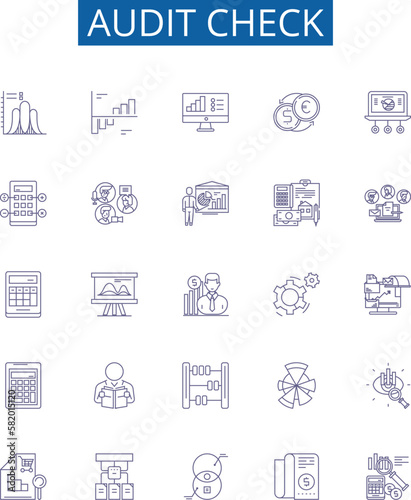 Audit check line icons signs set. Design collection of Inspection, Assessing, Verifying, Evaluation, Examining, Monitoring, Scrutiny, Checking outline concept vector illustrations