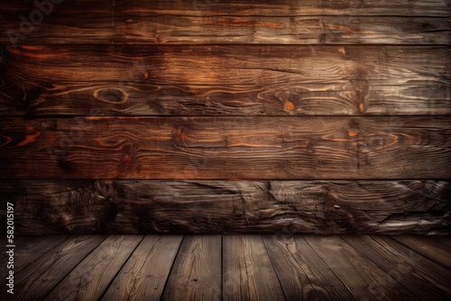 Background made of brown wood with a realistic tree feel. The wood panel has a gorgeous dark pattern and a texture similar to hardwood flooring. Generative AI