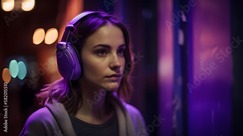 beautiful woman listening to music with headphones, on a purple background
