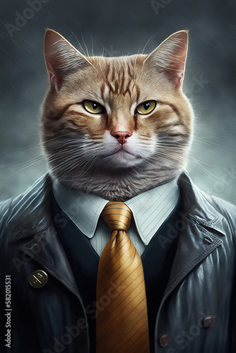 businessman with cat head collage in suit and tie in the office. Generative AI illustration © alexkoral