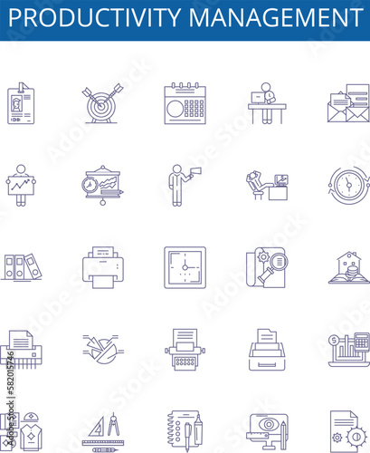 Productivity management line icons signs set. Design collection of Timekeeping, Efficiency, Prioritizing, Organizing, Targeting, Scheduling, Tracking, Measuring outline concept vector illustrations