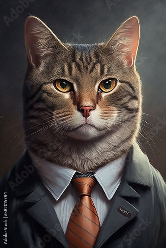 businessman with cat head collage in suit and tie in the office. Generative AI illustration © alexkoral
