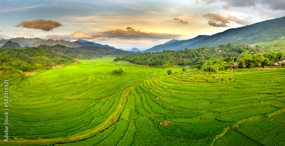 Panoramic view of beautiful green terraces of Pu Luong commune, Thanh Hoa province, Vietnam Panoramic view of beautiful green terraces of Pu Luong commune, Thanh Hoa province, Vietnam