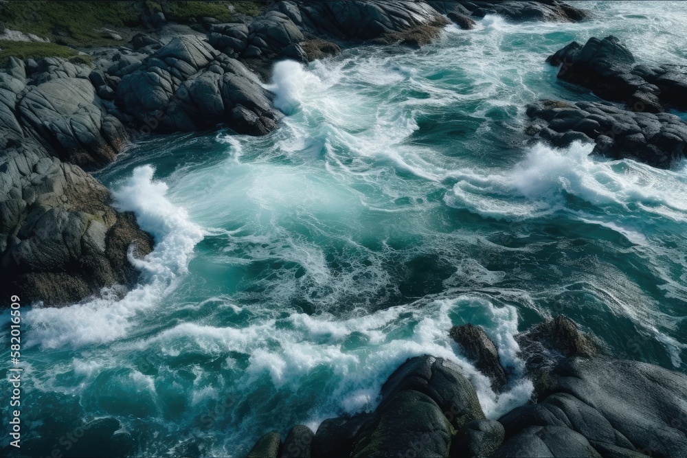 During high tide and low tide, waves from the river and the sea collide. Maelstrom of Saltstraumen's whirlpools in Nordland, Norway. Generative AI