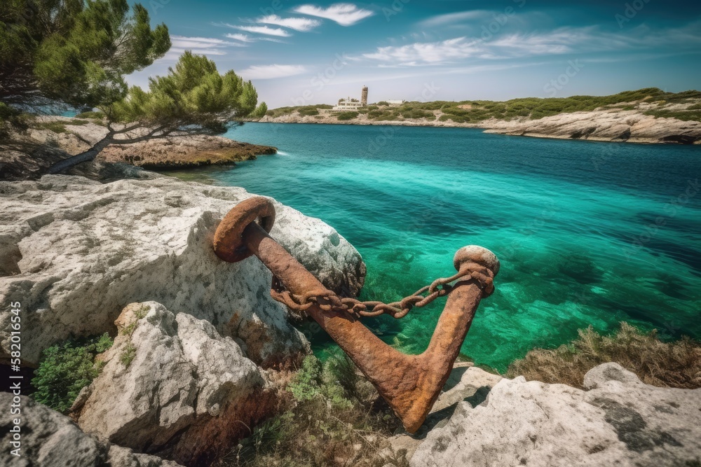 a big, aged anchor from Punta Prima, Menorca, Spain, resting on a rocky outcrop in a sea of turquoise water. Generative AI