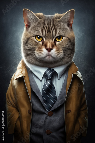 businessman with cat head in a jacket and tie. Collage of a male boss cat. Generative AI illustration © alexkoral