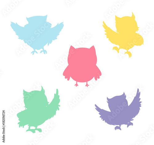 Funny Colorful Owl. Set Of 5
