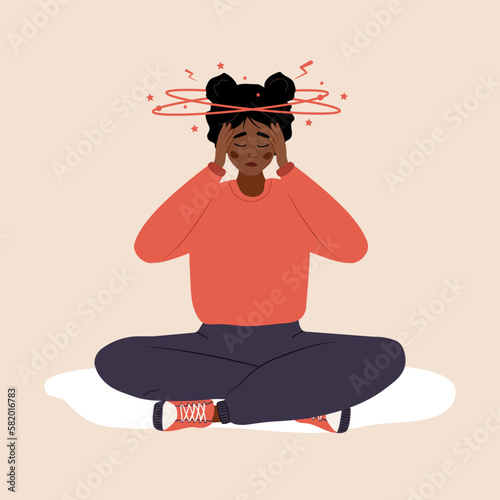 Iron deficiency anemia. Sad african woman with dizziness sitting on floor. Unhappy girl suffers from vertigo and headache and needs medical help. Low hemoglobin. Vector illustration in cartoon style.