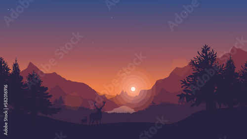 Stunning 8K Vector Landscape Picture with Deer and Hills