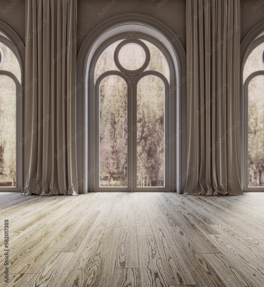Living room interior with arch windows, 3d render 