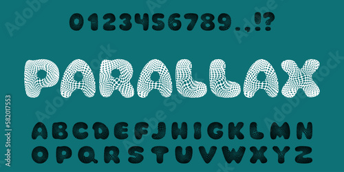 Psychedelic alphabet with holes, plump font, voluminous capital letters and numbers. Futuristic aesthetics y2k. Font for logos, presentations. Vector illustration.