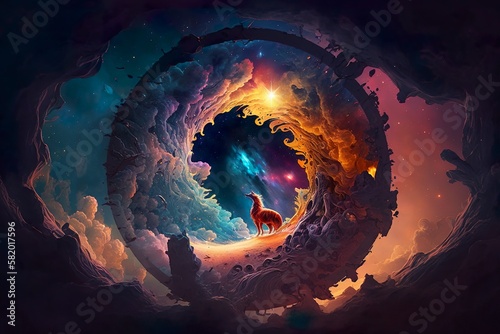 A vibrant depiction of a wormhole and black hole surrounded by a beautiful nebula, with fiery elements and the zodiac stars adding to the captivating effect.