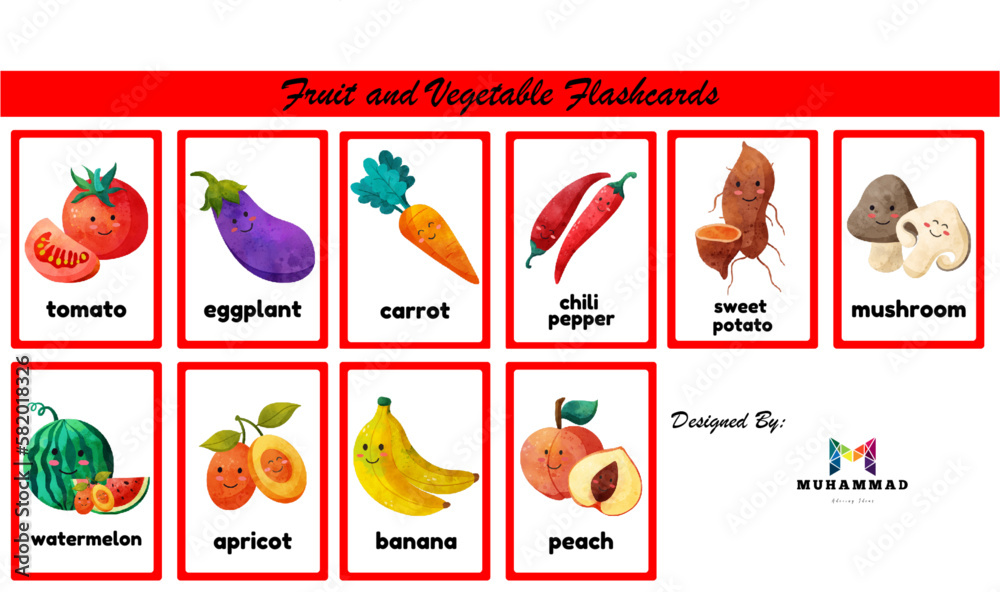 Vetor do Stock: Colorful Fruit and Vegetable Flashcards, Kids learning ...