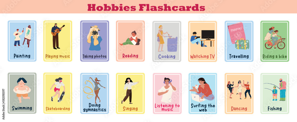 Colorful Hobbies Flashcards for kids to learning about hobbies, kids ...