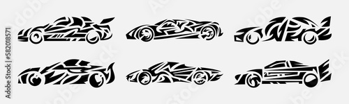 set of cars in tribal tattoo design style. concept of vehicle, transportation, sport, race, road. suitable for print, sticker, and other. vector illustration.