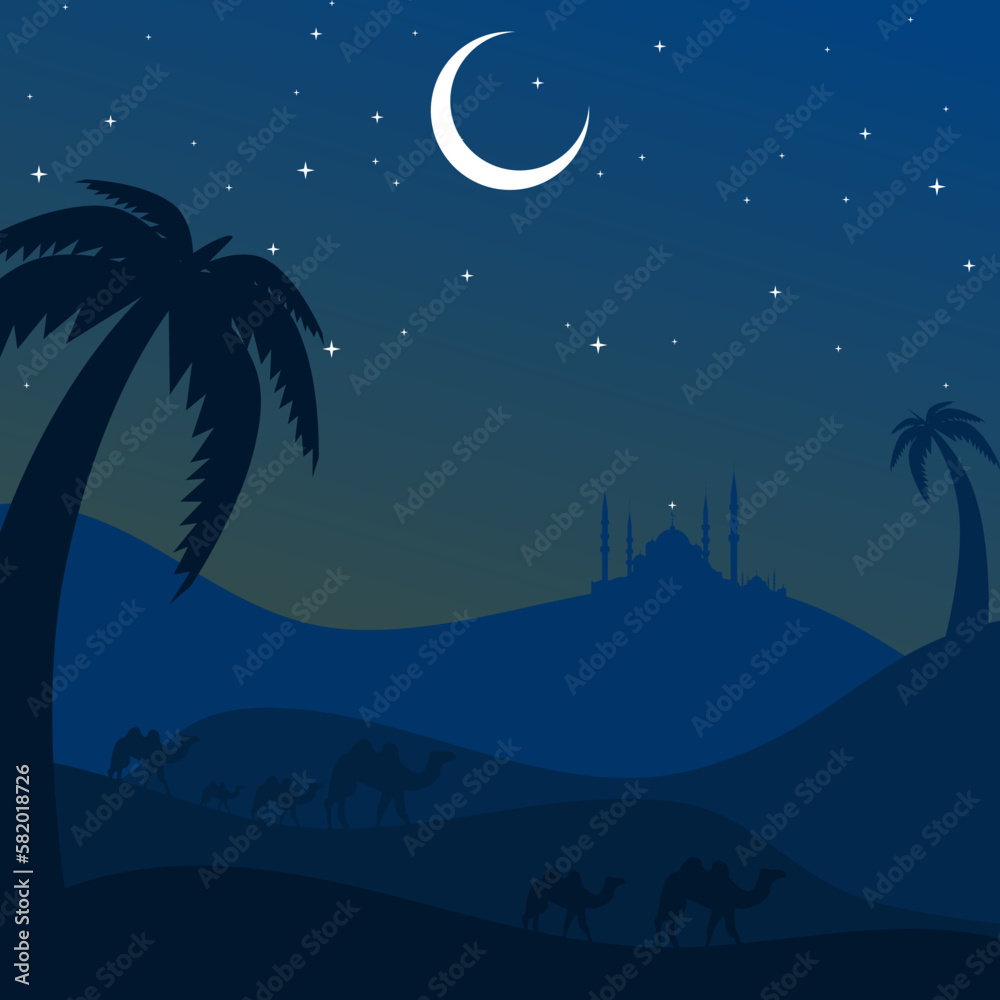 Illustration of Ramadan Kareem with mosque silhouette and starlight, moon and camel, Background Business Label, Invitation Template, social media, etc. ramadan kareem themed flat vector illustration. Illustration of Ramadan Kareem with mosque silhouette and starlight, moon and camel, Background Business Label, Invitation Template, social media, etc. ramadan kareem themed flat vector illustration.