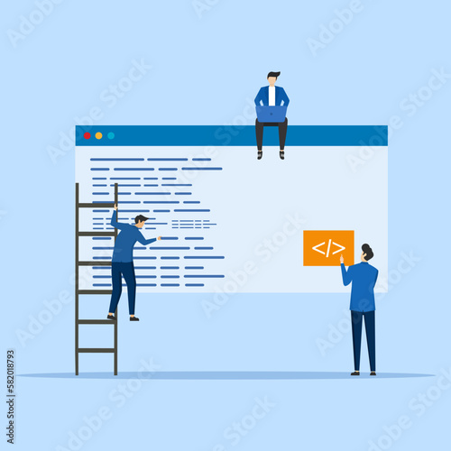 Development process concept. People characters work together and develop new software. Development team programming and program code writing. Flat cartoon vector illustration.