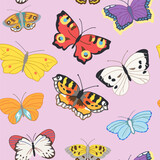 Seamless pattern of flying butterflies in red, yellow, white, orange and other colors. Vector illustration in vintage style on a pink background.