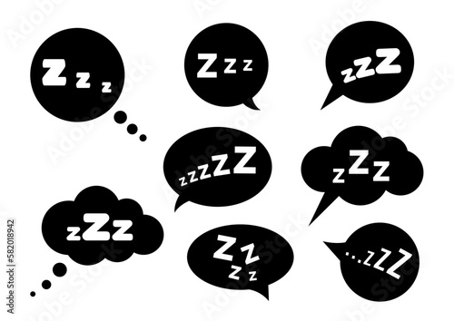 Zzz sleep snore text in black speech bubbles vector icon set. Night sleepy talk sound collection illustration. Black phone mode signs isolated on white background.
