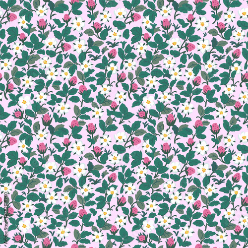 Seamless floral ornamental pattern. Strawberries with fruits and flowers on a pink background. Vector illustration.