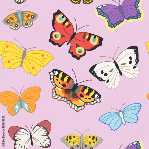 Seamless pattern of flying butterflies in red, yellow, white, orange and other colors. Vector illustration in vintage style on a pink background. © Maxim