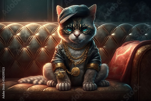 cat rapper boss in gangsta style with gold chains. Thug life concept. Generative AI illustration photo
