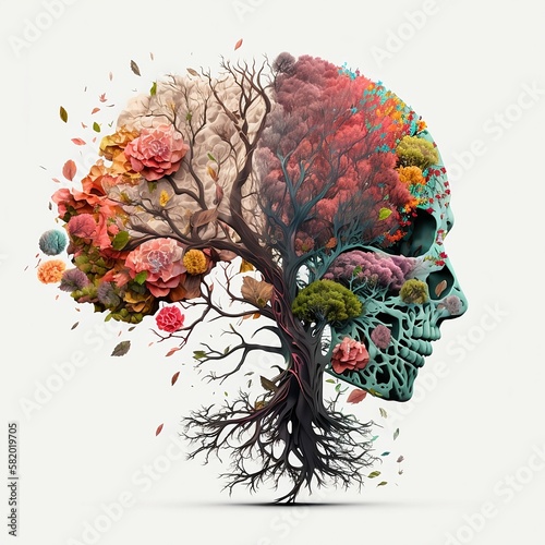 Brain Tree with Green Skull, Generative AI