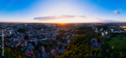 The Lubuskie Voivodeship's Gorzów Wlkp city comes to life in this drone panorama photo, showcasing its architecture and unique features from above