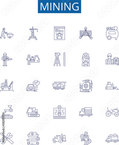 Mining line icons signs set. Design collection of Extracting, Digging, Unearthing, Uncovering, Drilling, Essaying, Quarrying, Panning outline concept vector illustrations