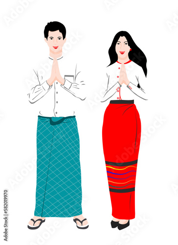 Hello. Burmese characters, Burmese traditional clothes.