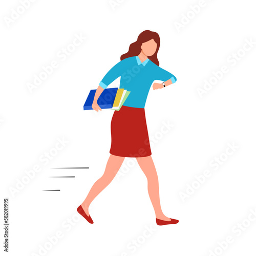 Woman hurry to work in flat design on white background. Businesswoman hurry up. Deadline.