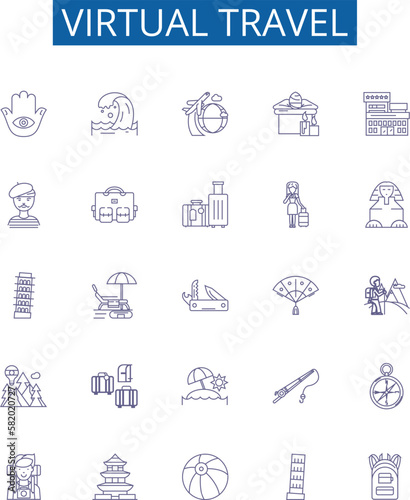 Virtual travel line icons signs set. Design collection of Virtual, Travel, Tour, Explore, Journey, Fly, Sightseeing, Experience outline concept vector illustrations