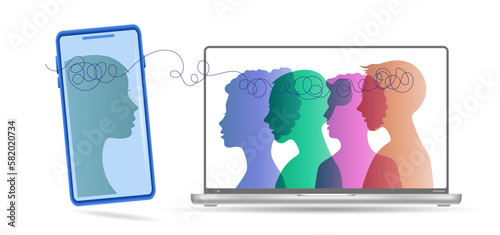 Vector illustration, communication using gadgets.
 A man and a woman do not understand each other.
Difficult relationships in the family and with relatives.