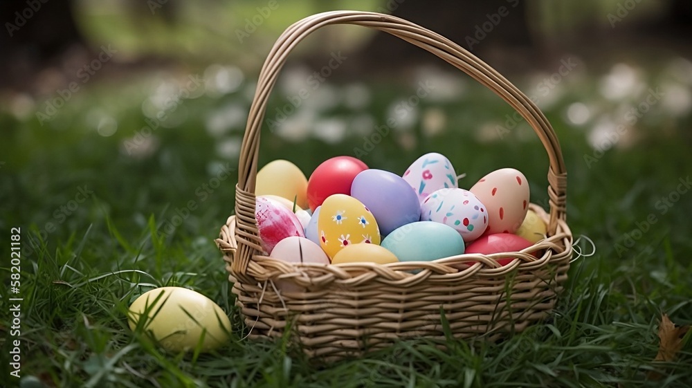 Easter Celebration: Easter Egg Basket in Backyard, Springtime, Ai Art