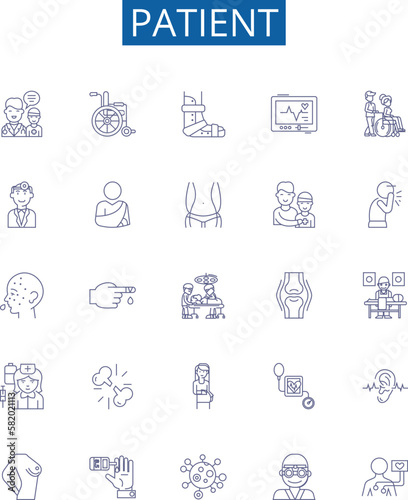 Patient line icons signs set. Design collection of Patient, Caregiver, Hypochondriac, Chronically ill, Bedridden, Clinician, Prone, Recovering outline concept vector illustrations