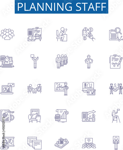 Planning staff line icons signs set. Design collection of Staffing, Planning, Organization, Scheduling, Assignment, Human, Resources, Team outline concept vector illustrations