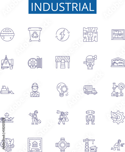 Industrial line icons signs set. Design collection of Factory, Manufacturing, Engineering, Automation, Construction, Machinery, Processing, Power outline concept vector illustrations