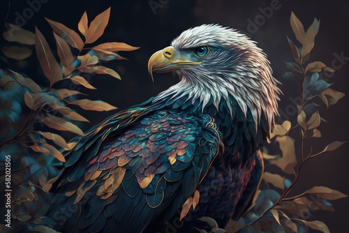 Design of colorful Bald Eagle bird in the Jungle. Ultra High realistic. High resolution. photo