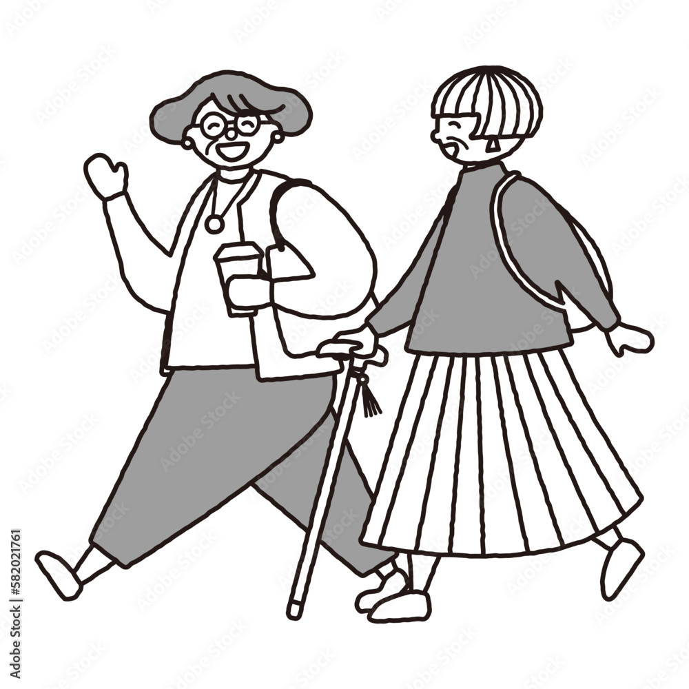 楽しそうに歩いているおしゃれなシニア女性のモノクロイラスト 楽しそうに歩いているおしゃれなシニア女性のモノクロイラスト
