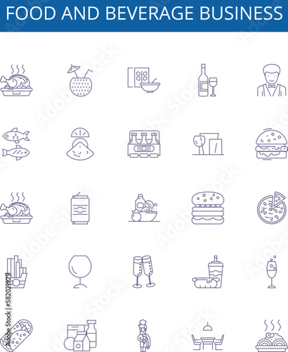 Food and beverage business line icons signs set. Design collection of Food, Beverage, Business, Restaurant, Cafe, Cuisine, Catering, Inventory outline concept vector illustrations