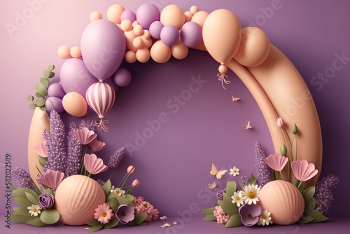 Generative AI of a pink balloon arch with flowers and butterflies.